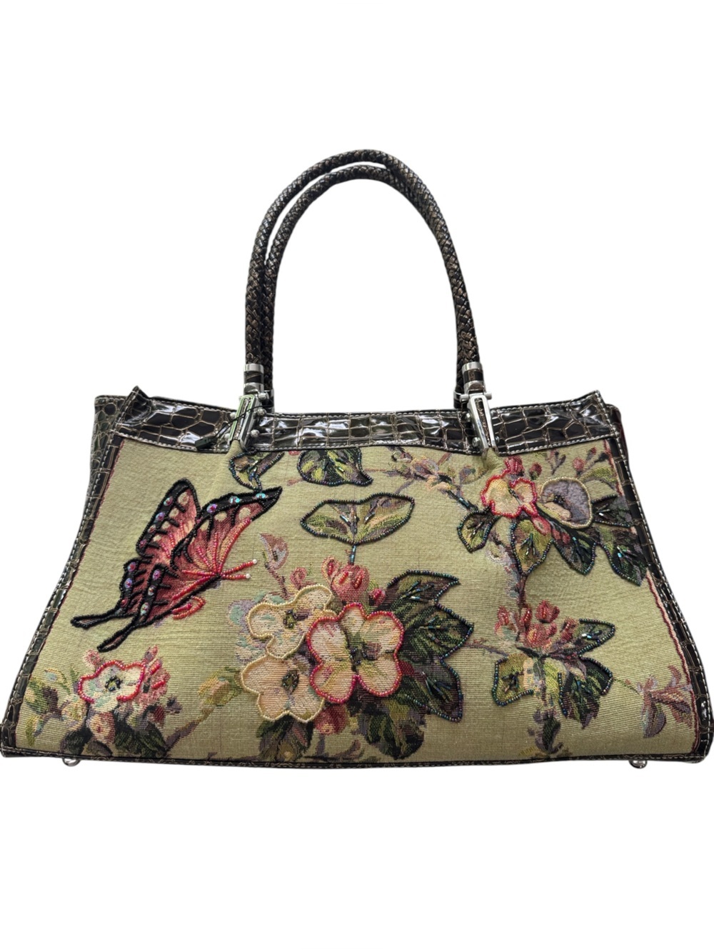 Mellow World Green Floral Tapestry Tote Shoulder Bag Faux Croc Trim Butterfly